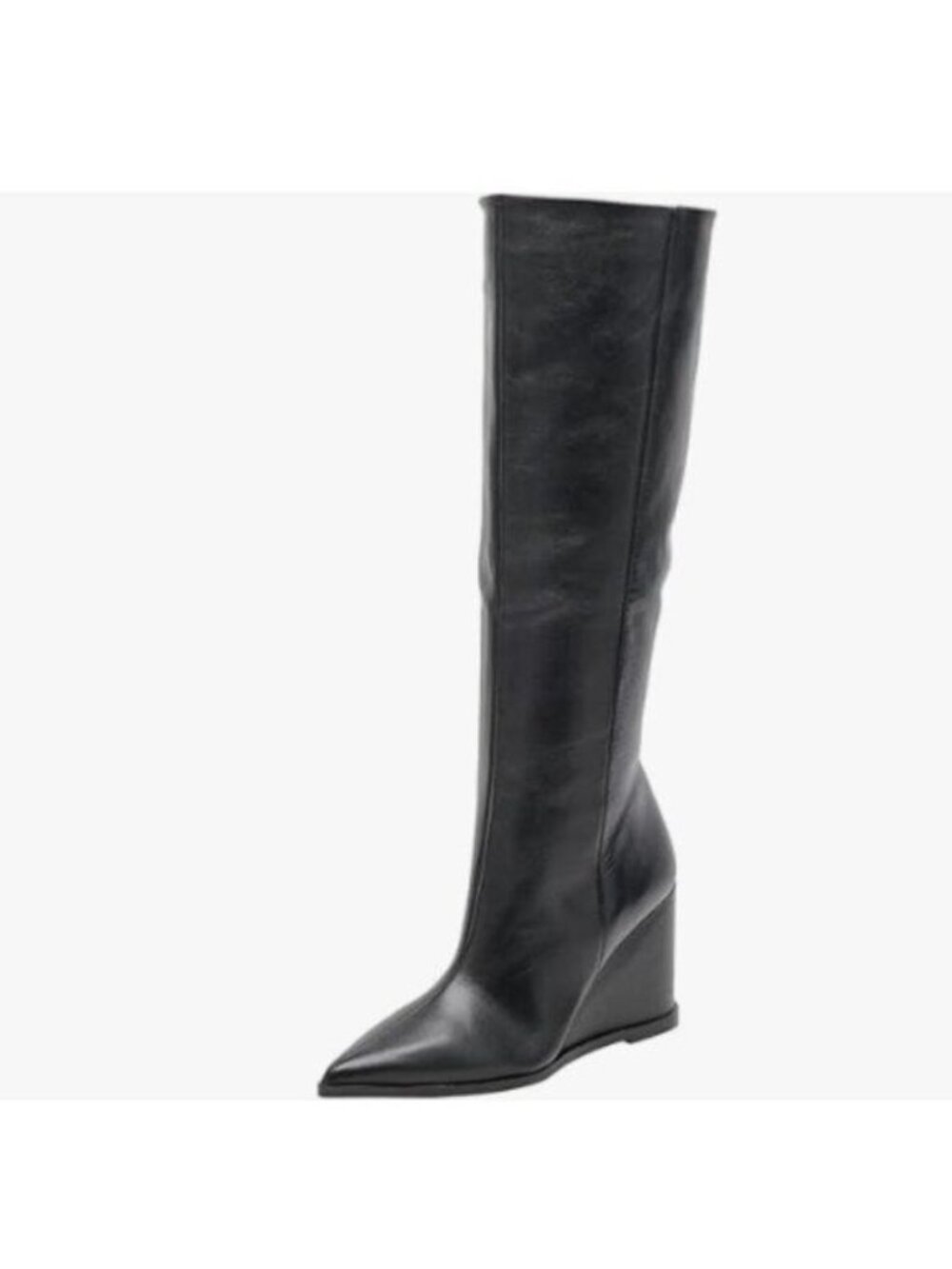 miss left Women Wedge High Heel Pointed Toe Knee High Boots Side Zipper Black